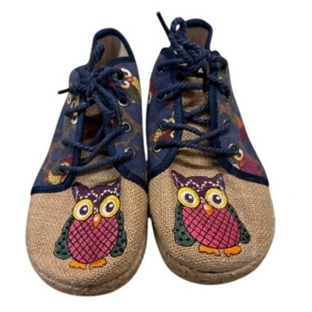 Womens Blue Owl Print Embroidered‎ Canvas Lace Up Espadrille Sneakers Size 39